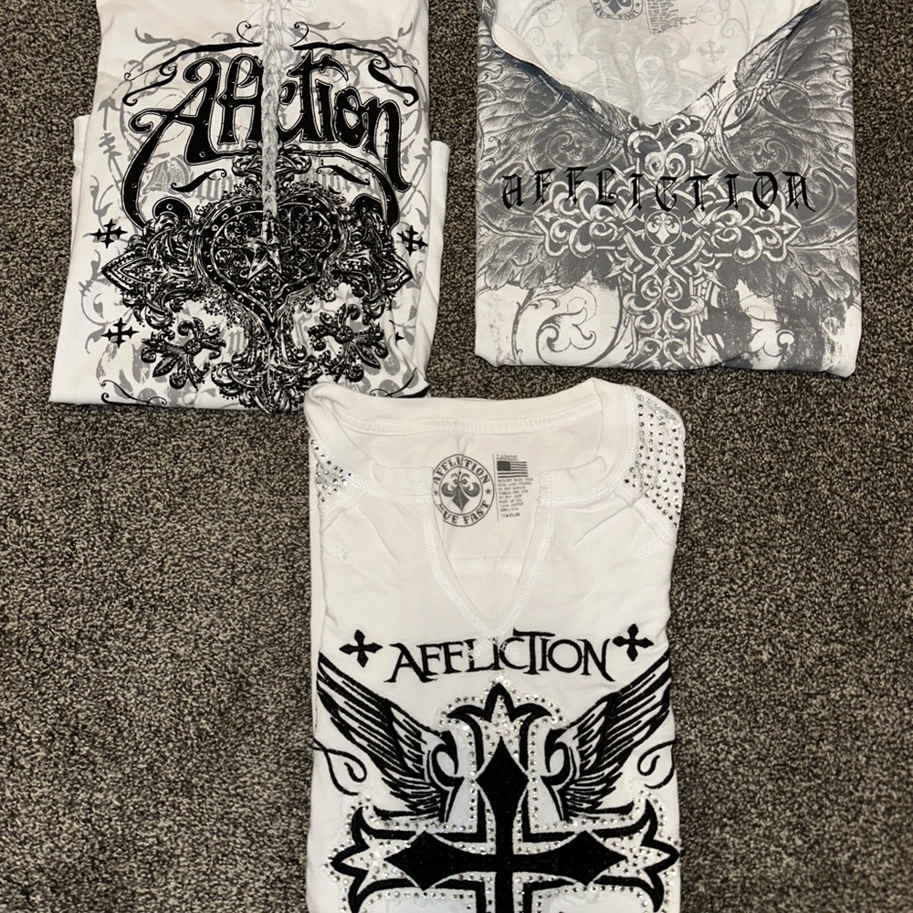 Affliction White and Gray Graphic Tees Trio